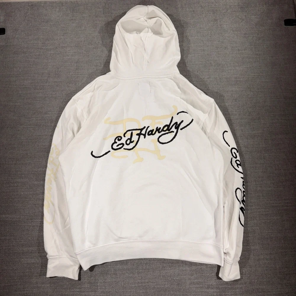 Ed Hardy Graphic Hoodie Mens Large White Excellent Dragon Tattoo Y2K Streetwear